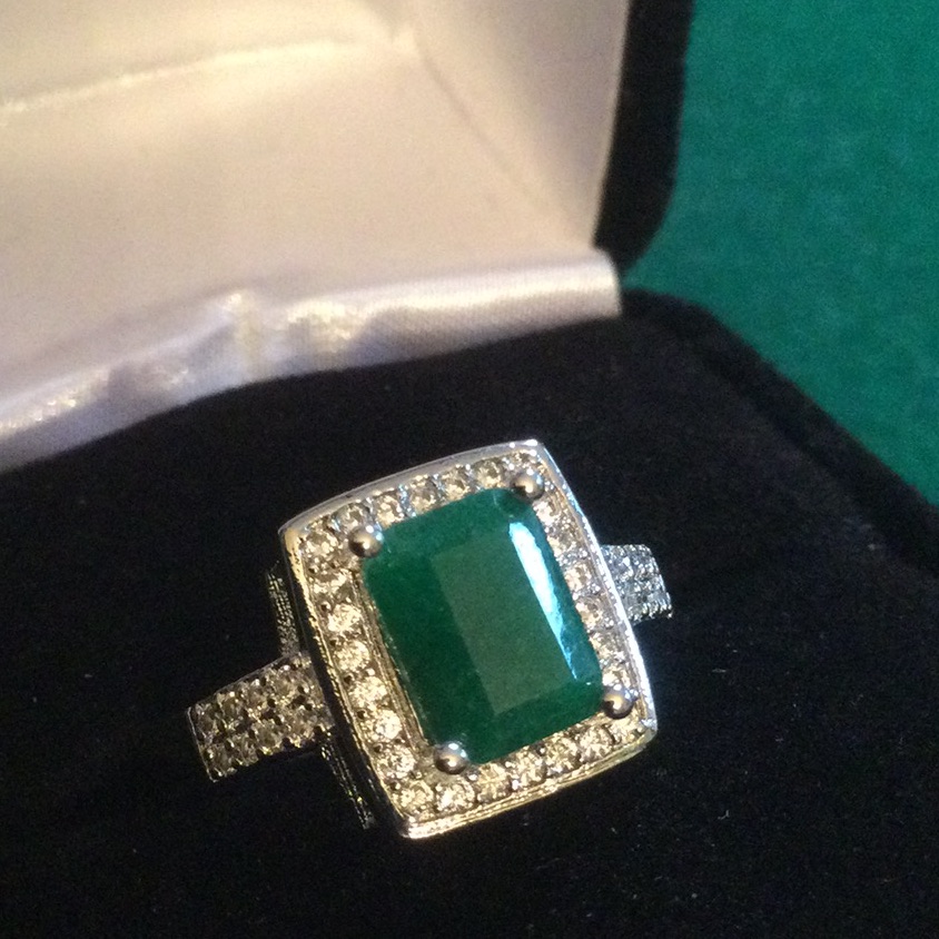 Genuine Emerald Ring, White Topaz Ring